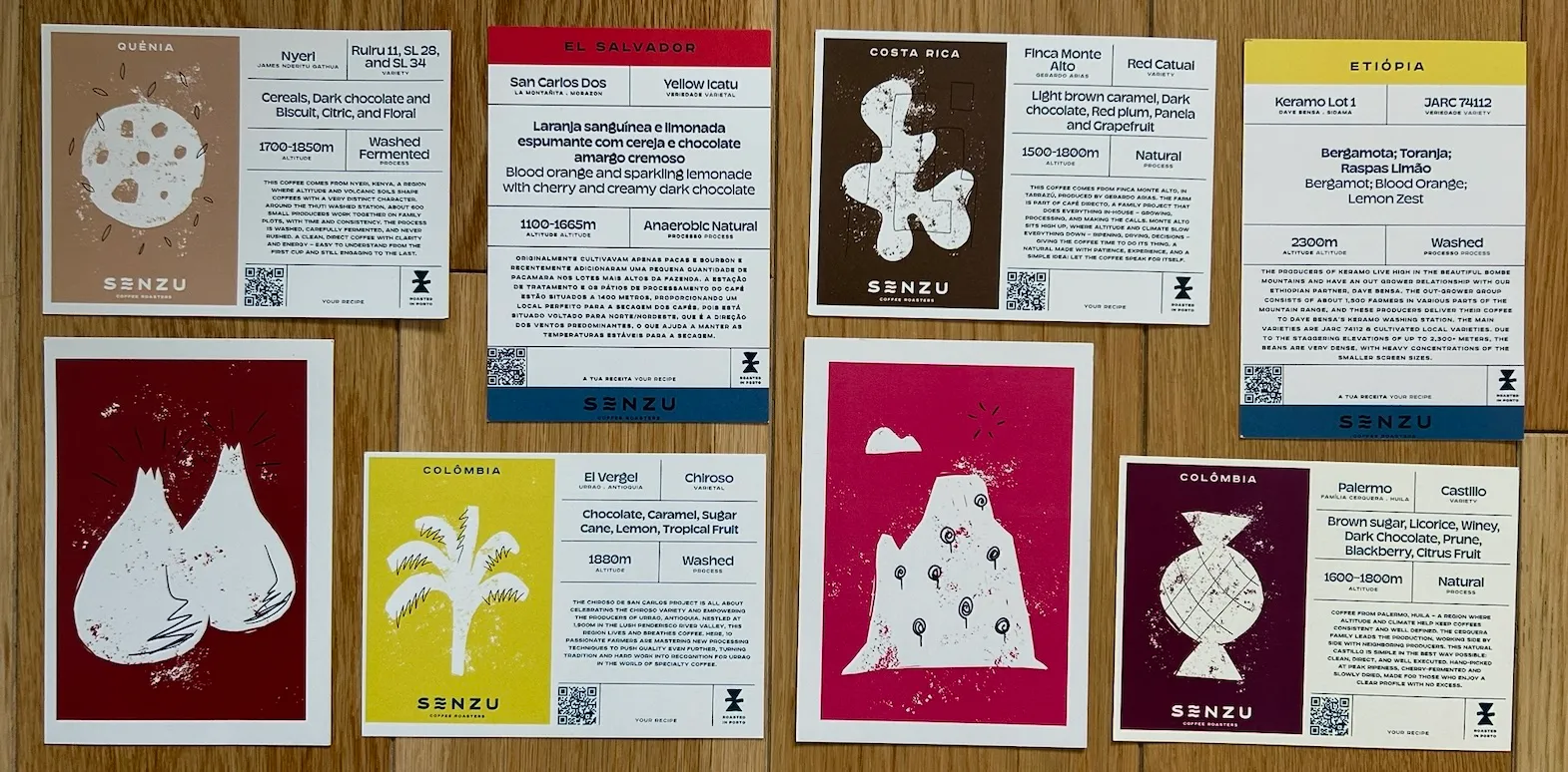 A stack of monthly coffee cards from Senzu Coffee Roasters, each listing origin, farm, variety, and tasting notes