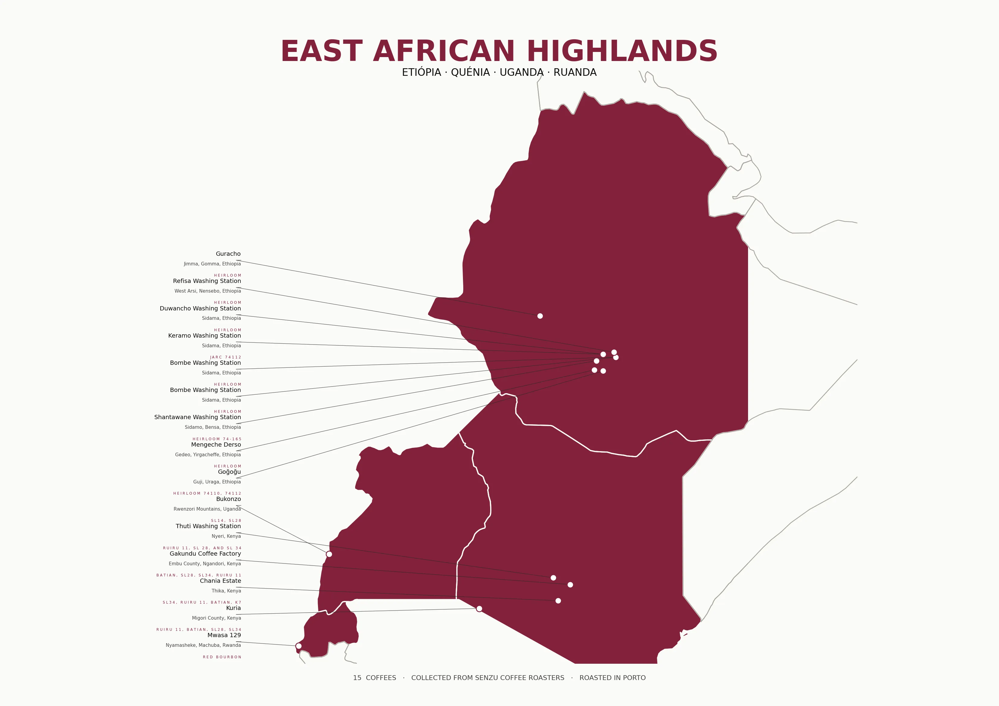 Map of the East African Highlands with one pin per coffee origin and producer callouts in the margins