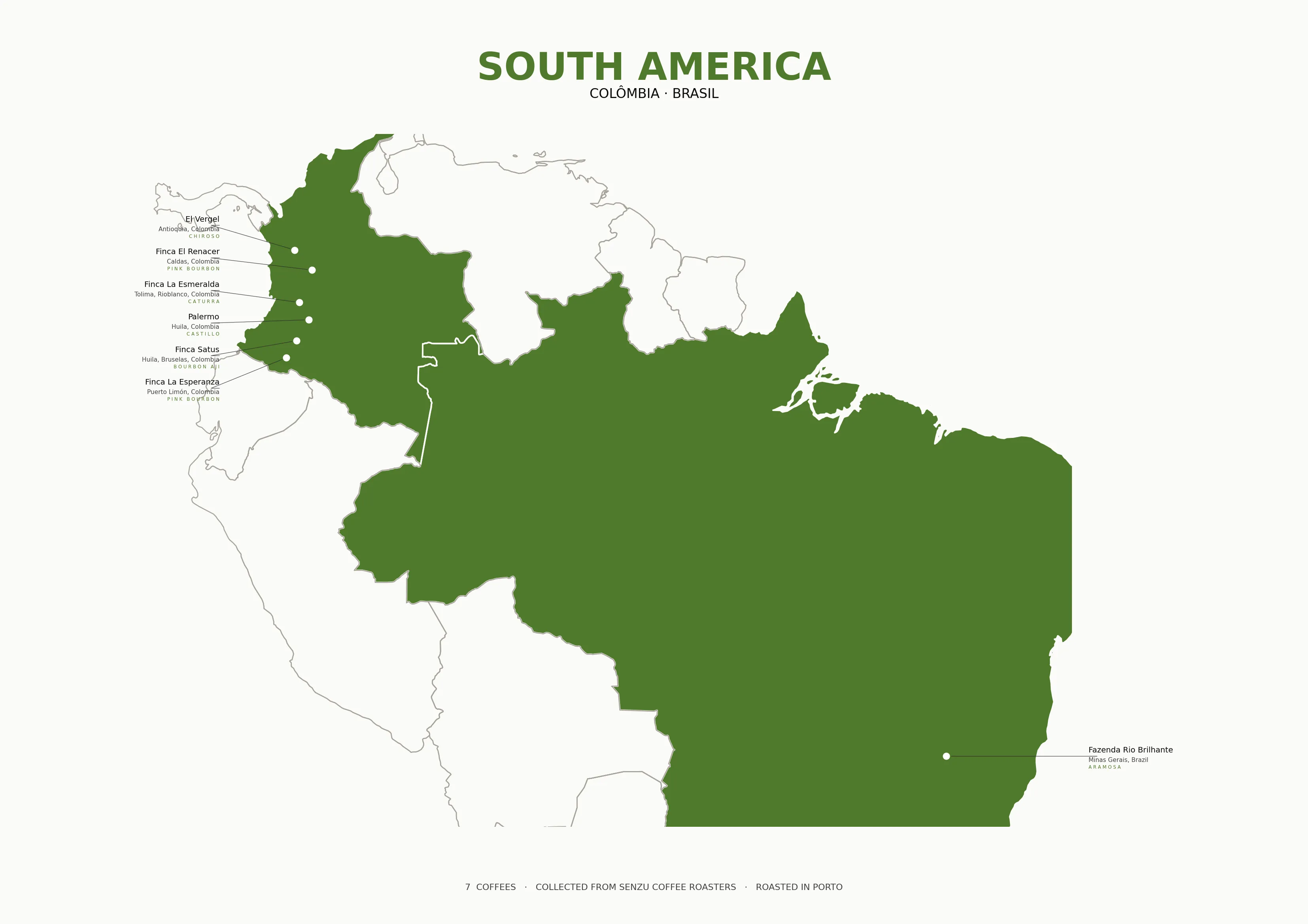 Map of South America with one pin per coffee origin and producer callouts in the margins