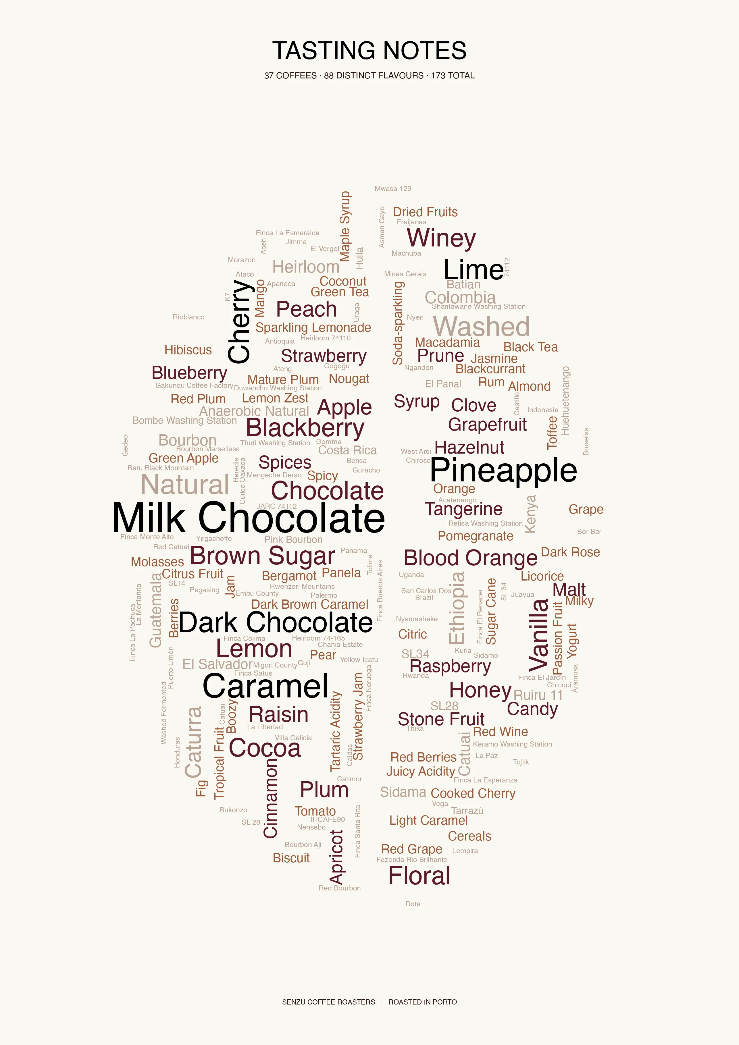 Tasting-notes word cloud shaped like a coffee bean, with words sized by how often they appear across the 37 cards